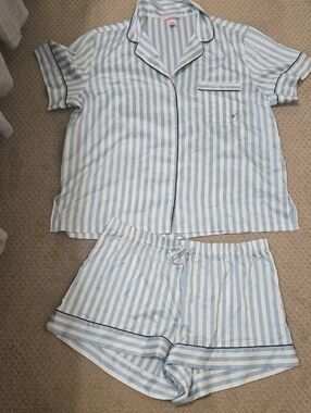 Victoria's Secret Light Blue & White Striped Sleep Shirt L